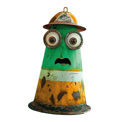 Ein grüner Verkehrshindernis mit orangenem unteren Teil und einem Helm, der überrascht aussieht und große Augen hat.